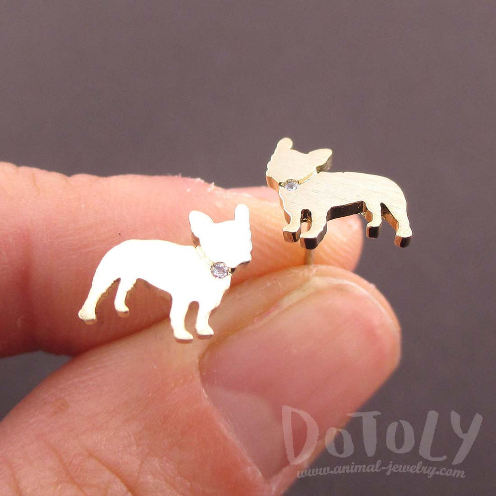 French Bulldog Silhouette Shaped Rhinestone Stud Earrings in Gold