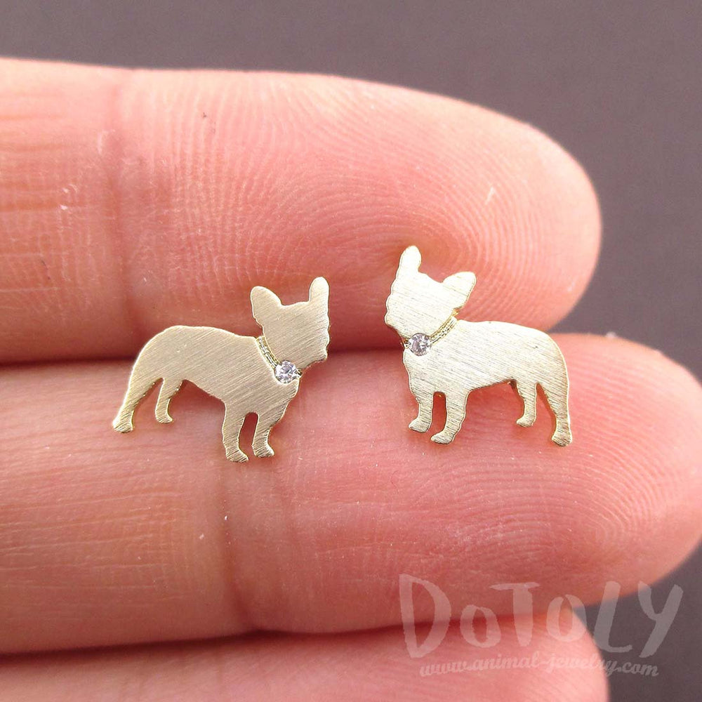 French Bulldog Silhouette Shaped Rhinestone Stud Earrings in Gold