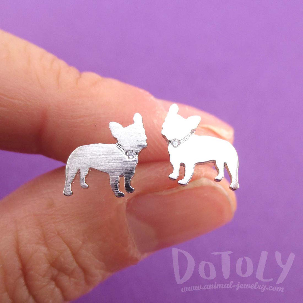 French Bulldog with Rhinestone Collar Shaped Stud Earrings in Silver