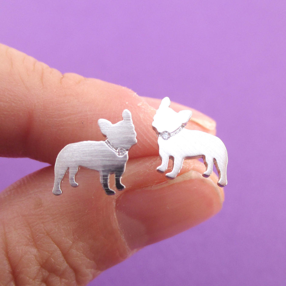 French Bulldog with Rhinestone Collar Shaped Stud Earrings in Silver