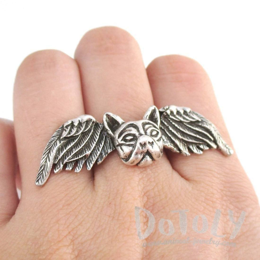 French Bulldog with Angel Wings Shaped Adjustable Ring | Animal Rings