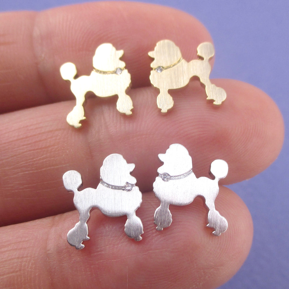 French Poodle Puppy Shaped Silhouette Stud Earrings in Silver or Gold