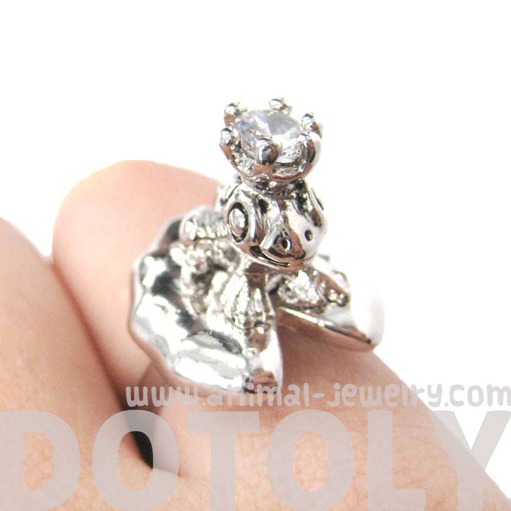 Frog Prince Toad on A Lily Pad Animal Themed Adjustable Ring in Shiny Silver | DOTOLY