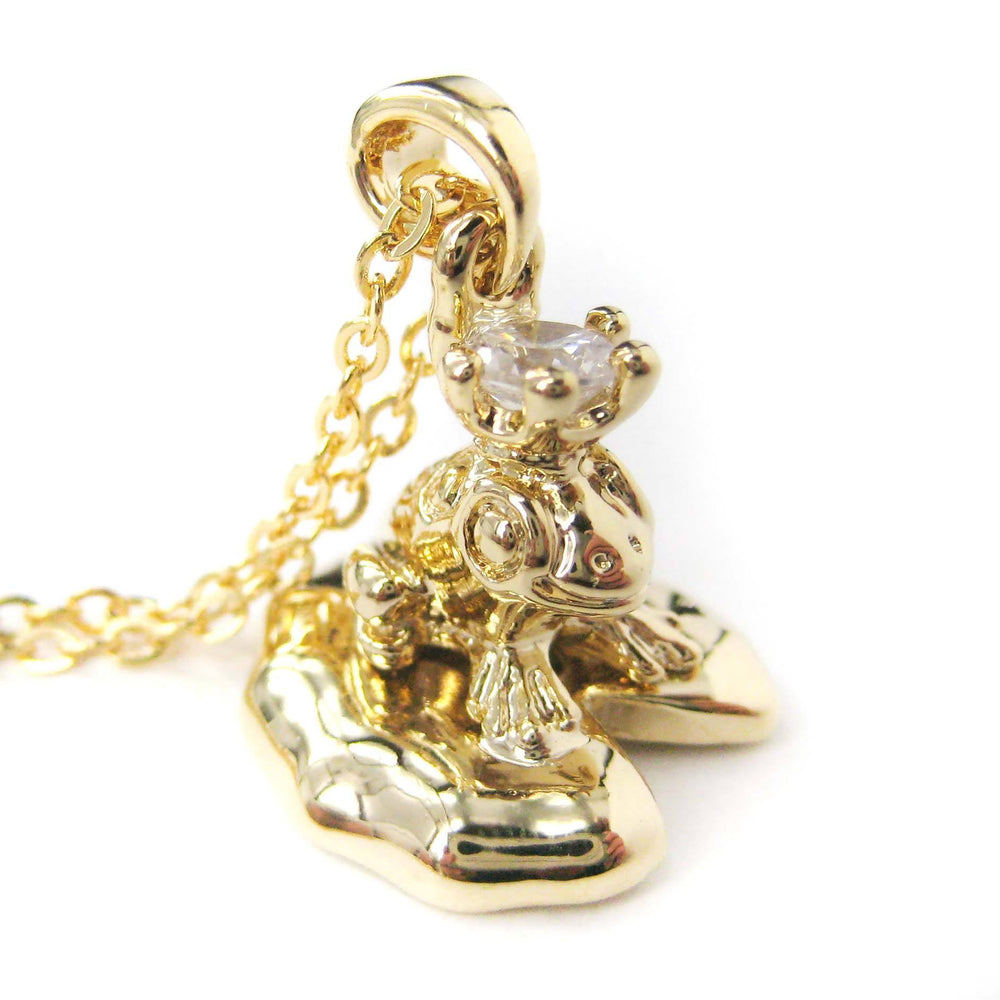 Frog Prince Toad on A Lily Pad Animal Themed Pendant Necklace in Shiny Gold | DOTOLY