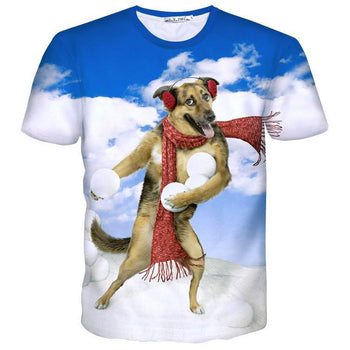 German Shepherd Puppy Throwing Snowballs All Over Graphic Print T-Shirt | DOTOLY | DOTOLY