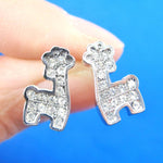 Giraffe Shaped Small Animal Stud Earrings in Silver with Rhinestones | DOTOLY