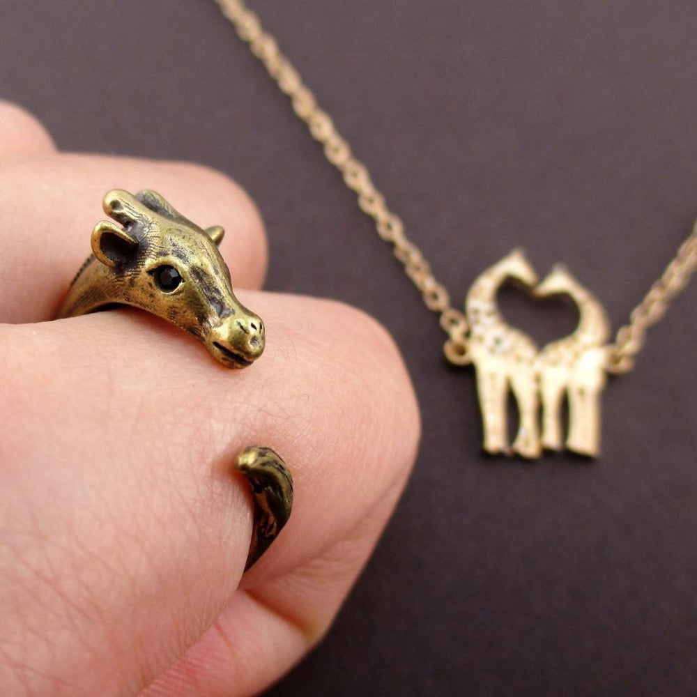 Giraffe Themed Animal Wrap Ring and Necklace Jewelry Set in Brass