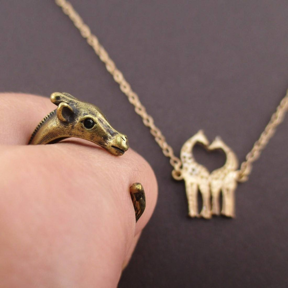 Giraffe Themed Animal Wrap Ring and Necklace Jewelry Set in Brass