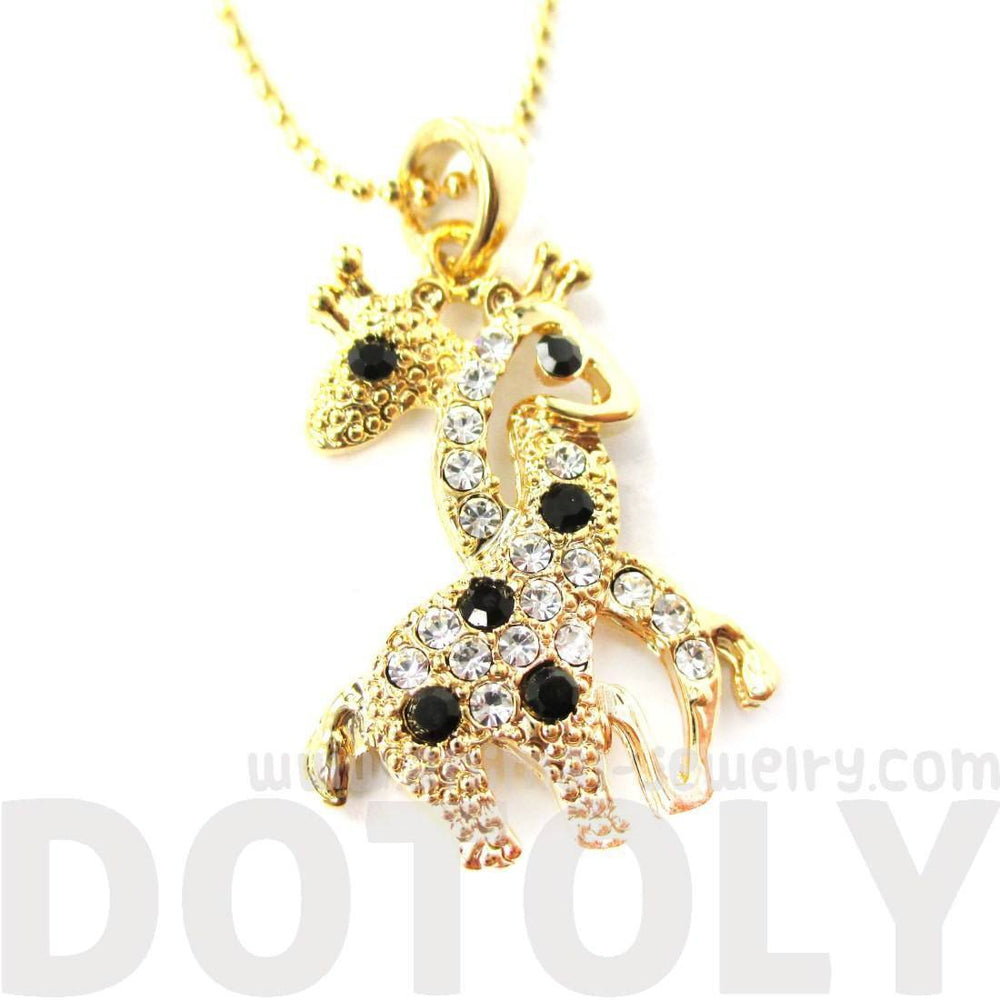 Giraffes with Necks Entwined Animal Shaped Pendant Necklace in Gold with Rhinestones | DOTOLY