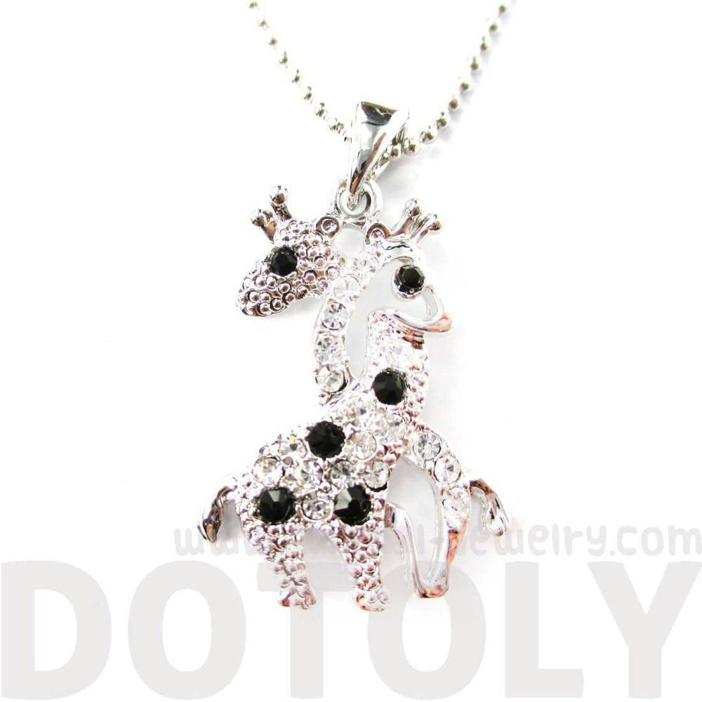 Giraffes with Necks Entwined Animal Shaped Pendant Necklace in Silver with Rhinestones | DOTOLY