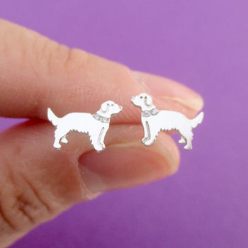 Golden Retriever Shaped Stud Earrings with Rhinestones in Silver