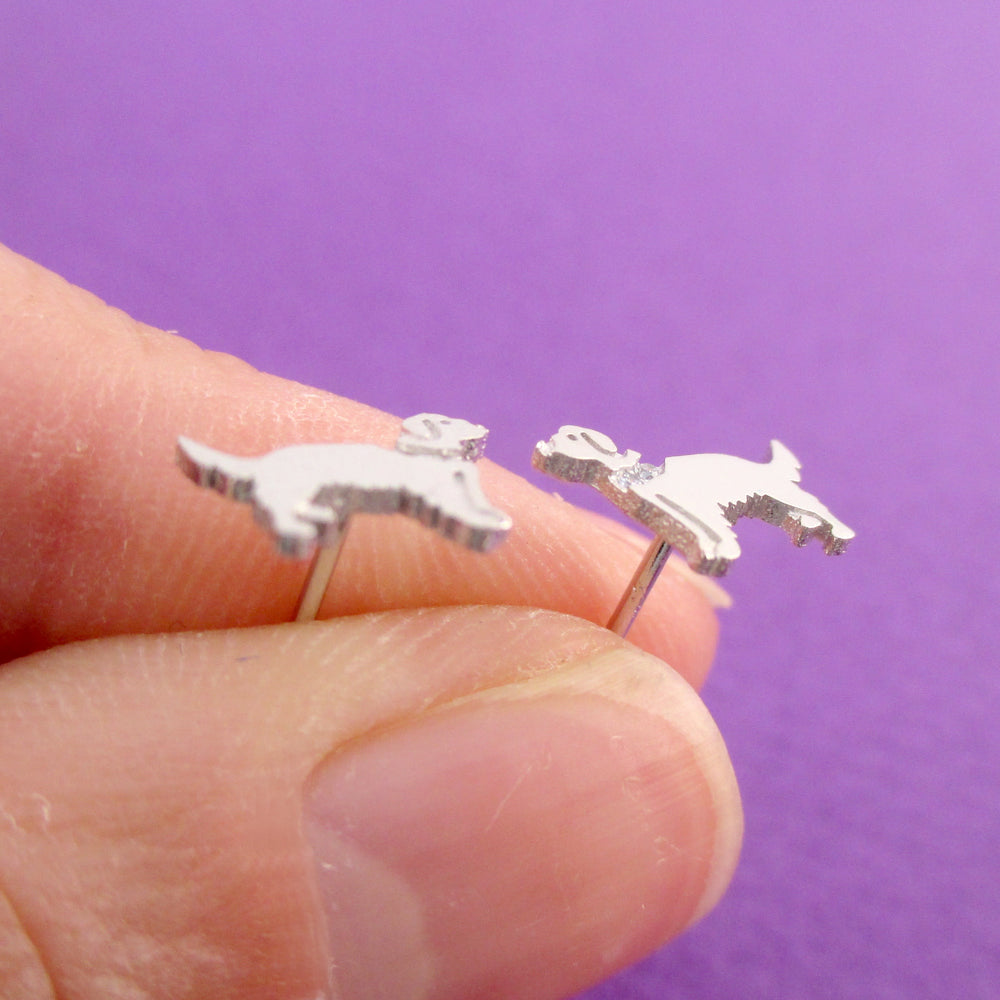 Golden Retriever Shaped Stud Earrings with Rhinestones in Silver