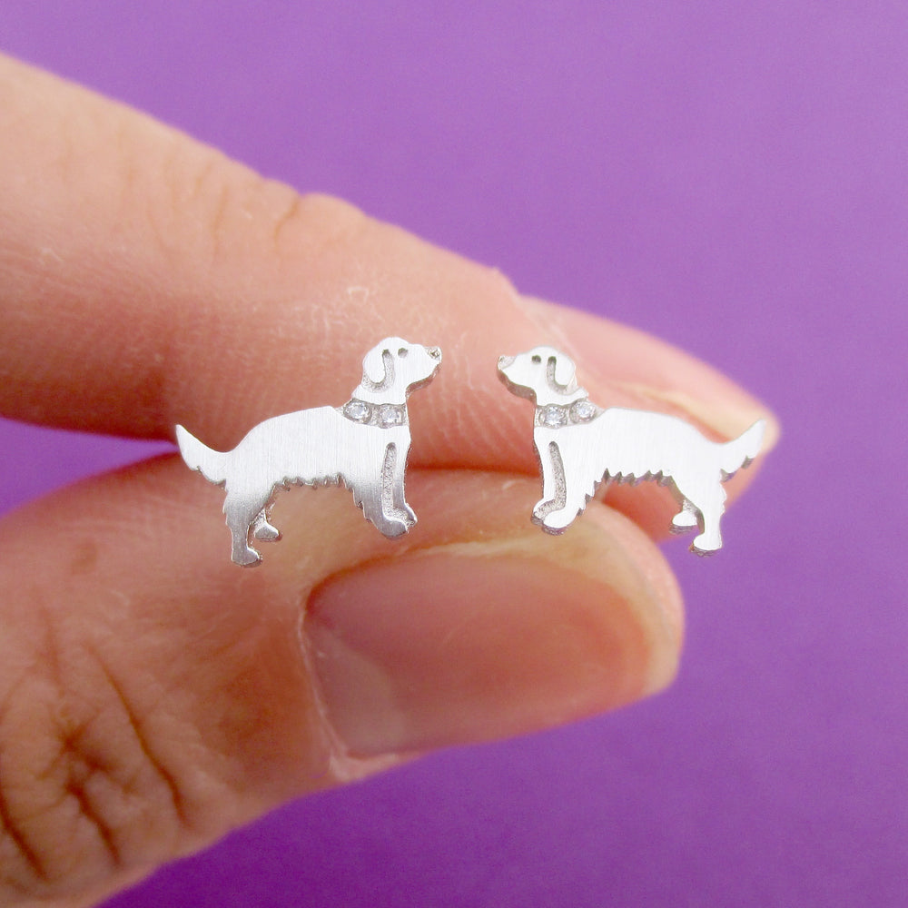 Golden Retriever Shaped Stud Earrings with Rhinestones in Silver