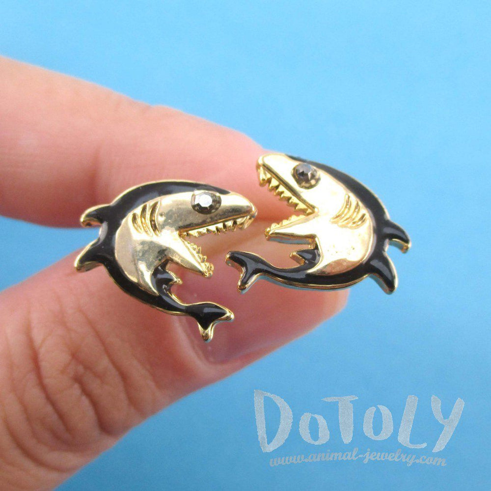Great White Shark Shaped Sea Creature Stud Earrings in Gold | DOTOLY