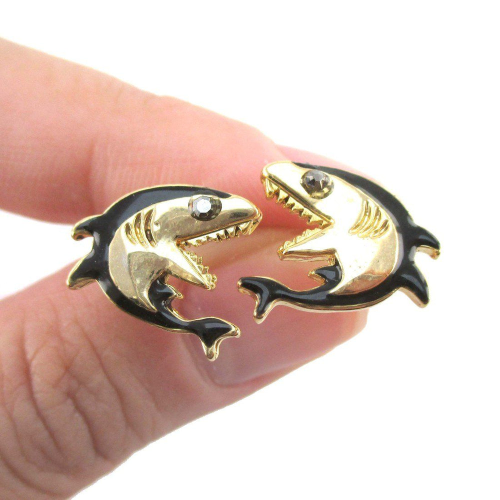 Great White Shark Shaped Sea Creature Stud Earrings in Gold | DOTOLY