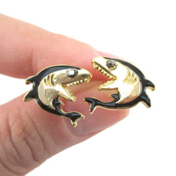 Great White Shark Shaped Sea Creature Stud Earrings in Gold | DOTOLY