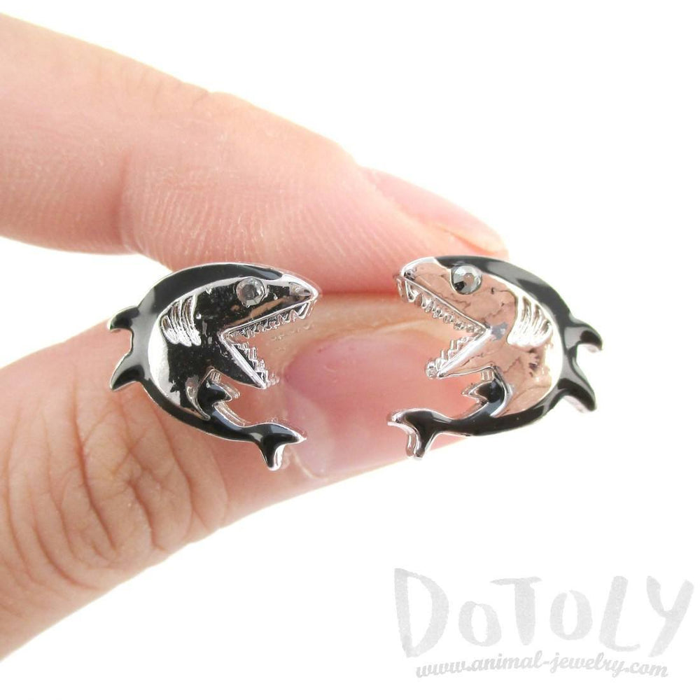 Great White Shark Shaped Sea Creature Stud Earrings in Silver | Animal Jewelry | DOTOLY