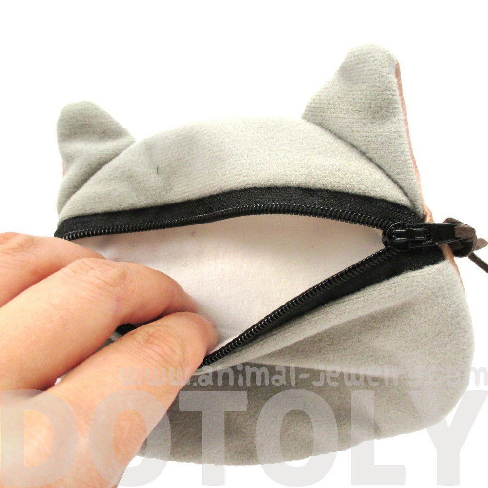 Grey Kitty Cat Face Shaped Soft Fabric Zipper Coin Purse Make Up Bag with Large Wide Eyes | DOTOLY