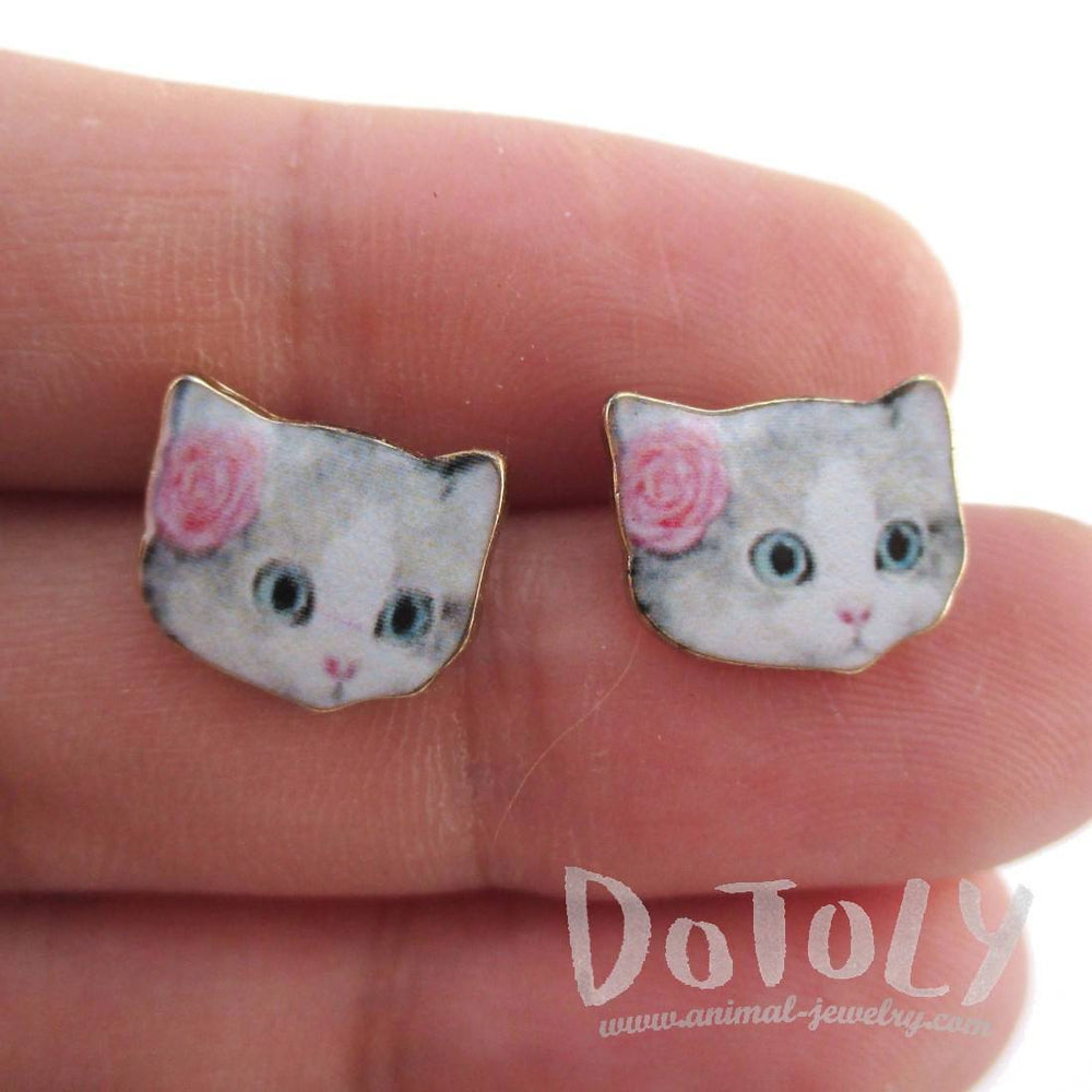 Grey Tabby with Rose Shaped Cat Lovers Stud Earrings | Animal Jewelry