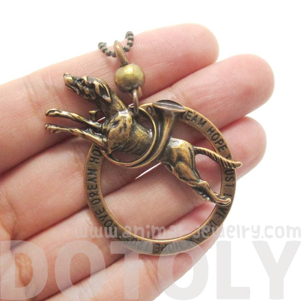 Greyhound Jumping Through A Hoop Shaped Animal Pendant Necklace in Brass | Jewelry for Dog Lovers | DOTOLY