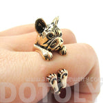 Grumpy French Bulldog Dog Shaped Animal Wrap Around Ring in Shiny Gold | US Sizes 4 to 8.5 | DOTOLY