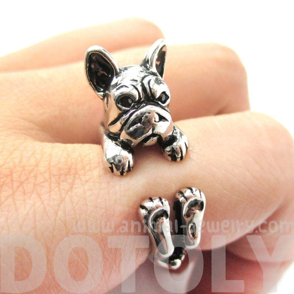 Grumpy French Bulldog Dog Shaped Animal Wrap Around Ring in Shiny Silver | US Sizes 4 to 8.5 | DOTOLY