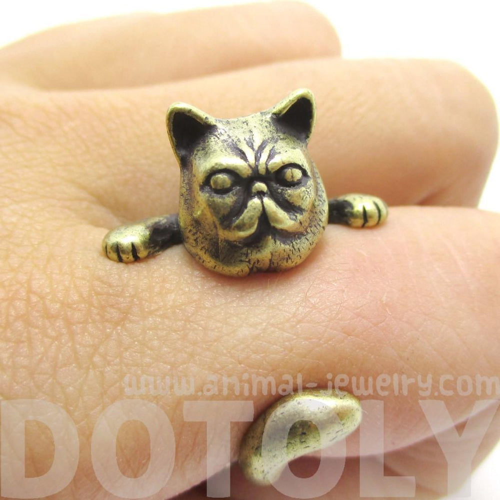 Grumpy Kitty Cat With A Mustache Shaped Animal Ring in Brass | US Size 3 to 8 | DOTOLY