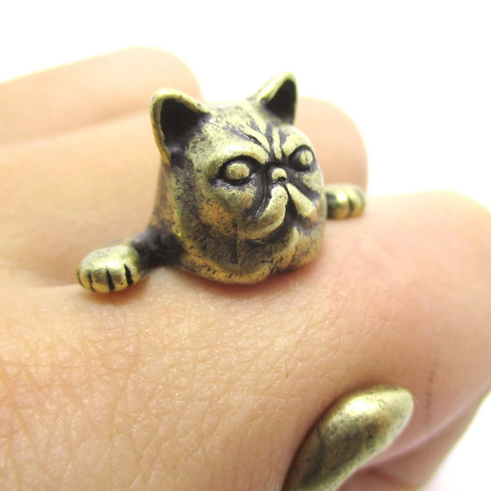 Grumpy Kitty Cat With A Mustache Shaped Animal Ring in Brass | US Size 3 to 8 | DOTOLY