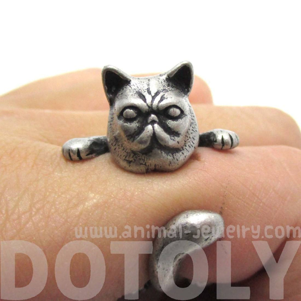 Grumpy Kitty Cat With A Mustache Shaped Animal Ring in Silver | US Size 3 to 8 | DOTOLY