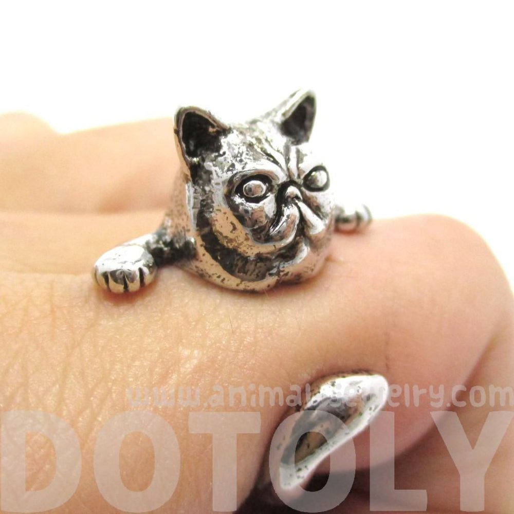 Grumpy Mustache Kitty Cat Shaped Animal Ring in Shiny Silver | US Size 3 to 8 | DOTOLY