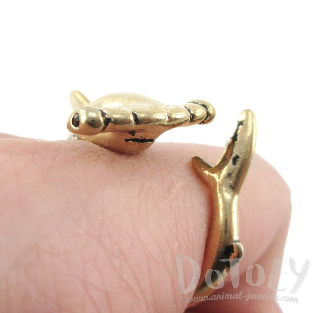 Hammerhead Shark Sea Creatures Shaped Wrap Around Ring in Shiny Gold | Size 5 to 9 | DOTOLY