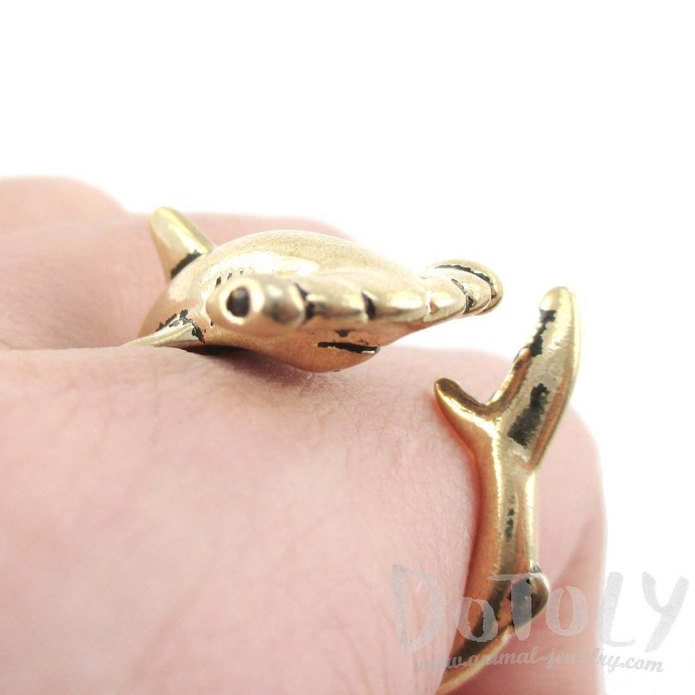 Hammerhead Shark Sea Creatures Shaped Wrap Around Ring in Shiny Gold | Size 5 to 9 | DOTOLY