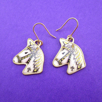 Hand Drawn White Horse Shaped Illustrated Dangle Earrings | Animal Jewelry | DOTOLY
