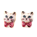 Hand Drawn White Kitty Cat with Pink Bows Shaped Stud Earrings | Animal Jewelry | DOTOLY