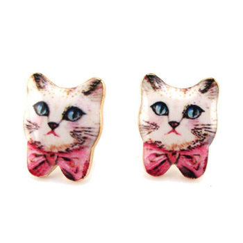Hand Drawn White Kitty Cat with Pink Bows Shaped Stud Earrings | Animal Jewelry | DOTOLY
