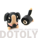 Handmade Puppy Dog Animal Fake Gauge Polymer Clay Stud Earring in Black and Tan | DOTOLY