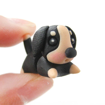 Handmade Puppy Dog Animal Fake Gauge Polymer Clay Stud Earring in Black and Tan | DOTOLY