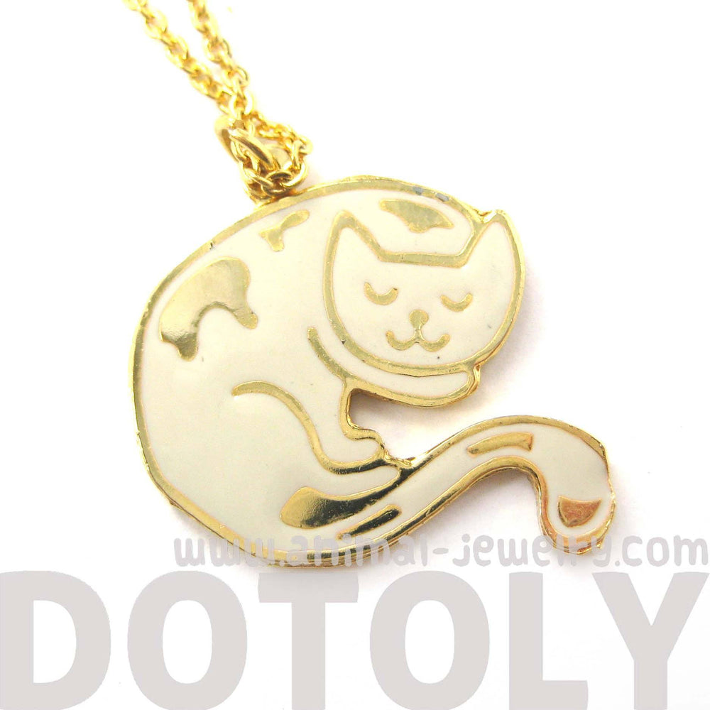 Handmade Sleeping Kitty Cat Shaped Animal Pendant Necklace in White | Limited Edition | DOTOLY