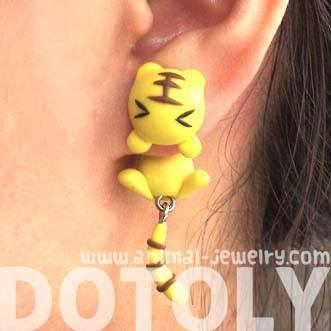 Handmade Yellow Tiger Cat Animal Fake Gauge Two Part Polymer Clay Stud Earring | DOTOLY