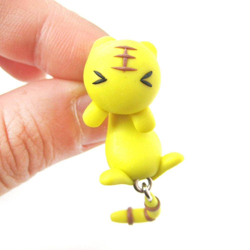 Handmade Yellow Tiger Cat Animal Fake Gauge Two Part Polymer Clay Stud Earring | DOTOLY