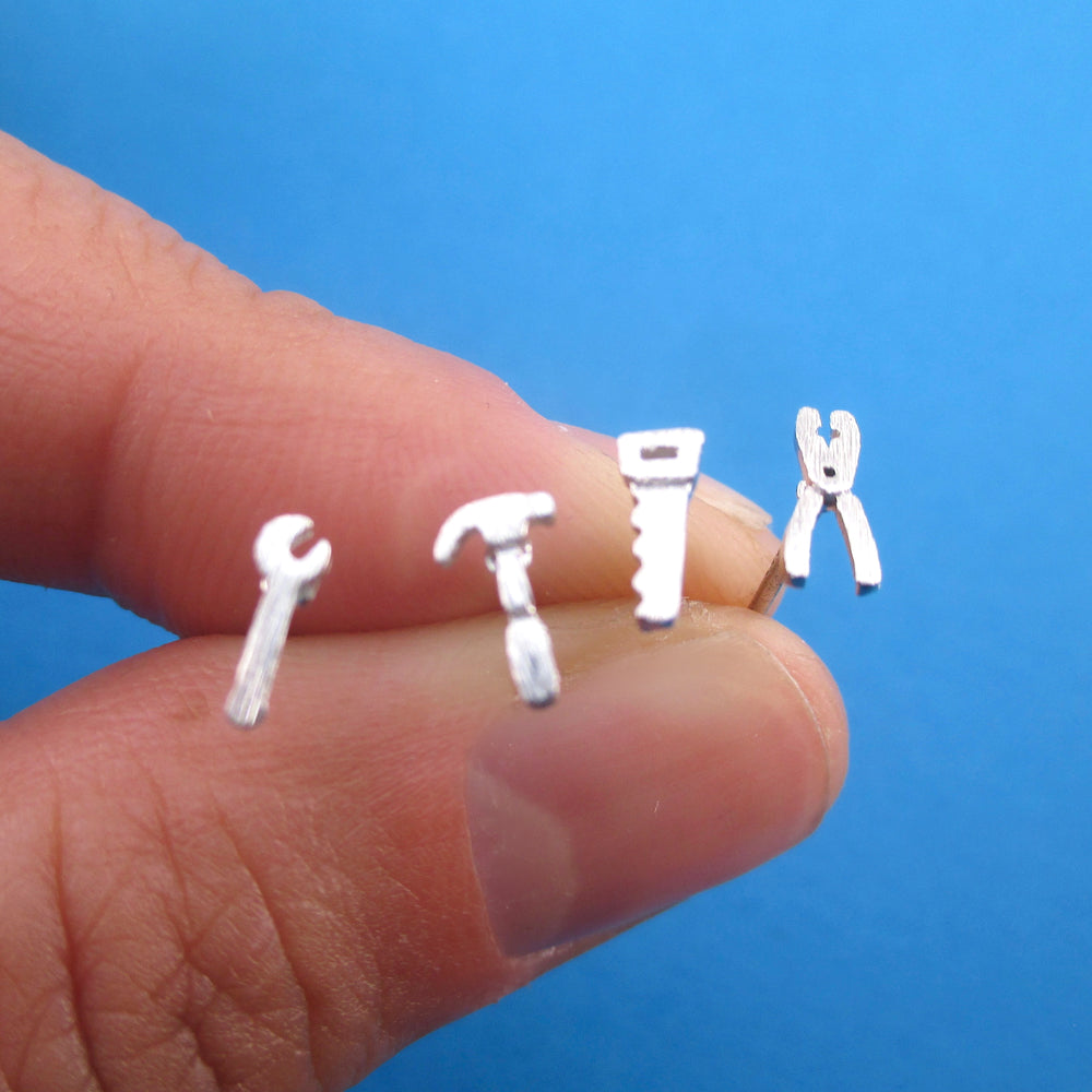 DIY Lovers Themed Toolkit Hammer Saw Wrench Pliers Shaped Stud Earrings