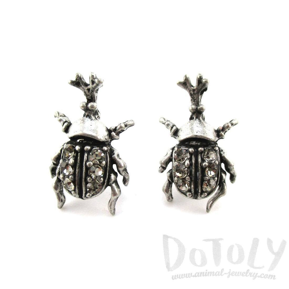 Hercules Rhino Beetle Shaped Rhinestone Stud Earrings in Silver | DOTOLY | DOTOLY