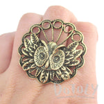 Horned Owl and Feather Medallion Shaped Adjustable Ring in Brass