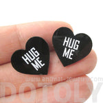 Hug Me Candy Heart Sweethearts Shaped Laser Cut Stud Earrings in Black | DOTOLY