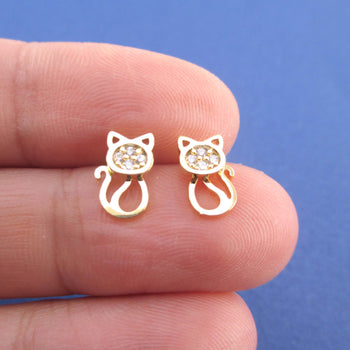 I Love Cats Kitten Shaped Rhinestone Stud Earrings in Gold | DOTOLY