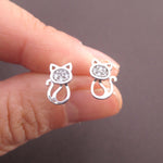 I Love Cats Kitten Shaped Rhinestone Stud Earrings in Silver | DOTOLY