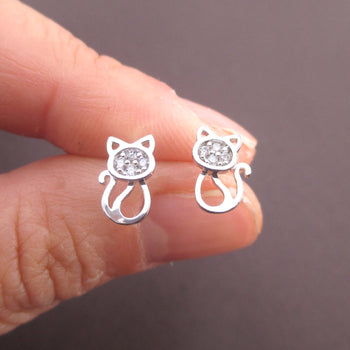 I Love Cats Kitten Shaped Rhinestone Stud Earrings in Silver | DOTOLY