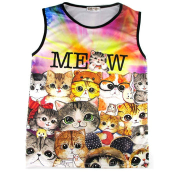 Illustrated Kitty Cat Collage Graphic Print Oversized Unisex Tank Top | DOTOLY