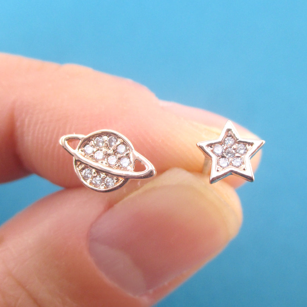 Intergalactic Space Themed Planet Saturn and Star Shaped Stud Earrings