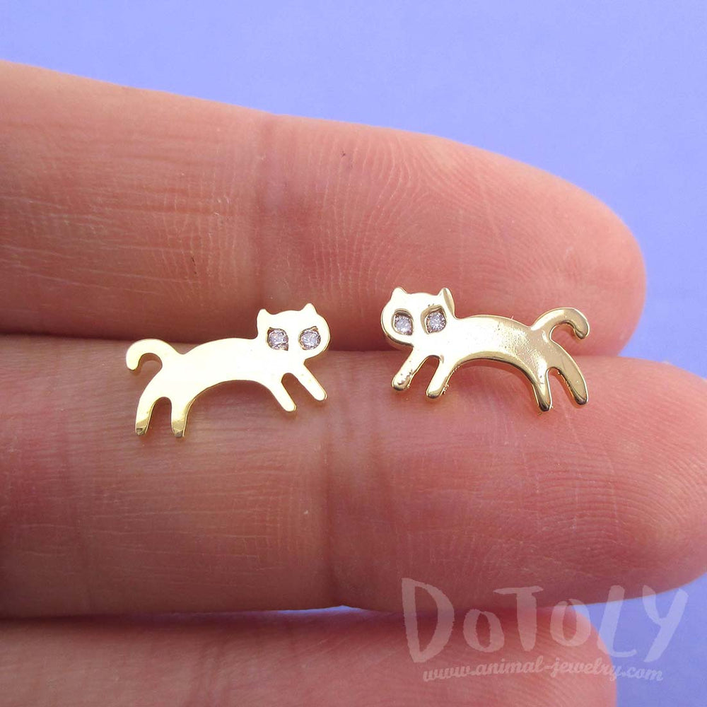 Jumping Kittens Cat Shaped Allergy Free Stud Earrings in Gold | DOTOLY